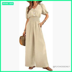 Short Sleeve V Neck Jumpsuit Wide Leg Pants Romper Elastic Waist
